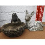 2x Concrete Garden Ornaments - Frog Bird Bath and Deer