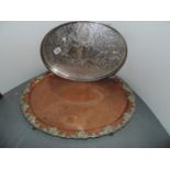 Ornate Engraved Cooper Tray and Silver Plated Gallery Tray