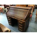 Oak Tambour Front Roll Top Desk