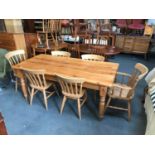 6ft Solid Pine Kitchen Table on Turned Legs with Single Drawer and 6x Slat Back Pine Chairs (2 of