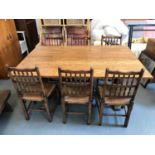 Large Oak Refectory Table and 6x Rush Seated Chairs