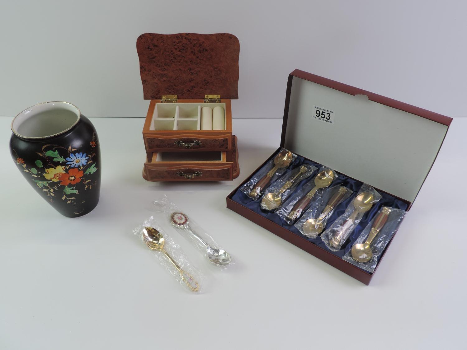 Cased Teaspoons, Vase and Jewellery Box