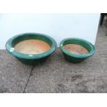 2x Green Glazed Garden Planters