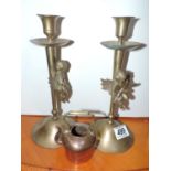 Pair of Brass Figurine Candlesticks and Miniature Kettle