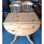 Pine Drop Flap Table and 4x Pine Slat Back Chairs (Two of which are Carvers)