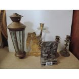 Soapstone Ornament and Pair of Brass Candle Sticks