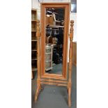 Large Heavy Pine Cheval Mirror with Bevelled Glass