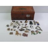 Wooden Box and Contents - Costume Jewellery, Badges etc