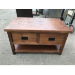 Stained Pine Coffee Table with Two Drawers and Shelf under