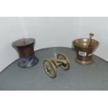 Treen Painted French Storage Pot, Brass Pestle and Mortar and Canon