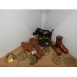 Candlestick, Brassware and Treen Boot Snuff Box etc