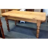 Solid Pine Kitchen Table on Turned Legs with Single Drawer
