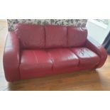 Red Leather Three Seater Settee with Matching Footstool