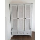 Modern Painted Wardrobe - Three Doors and Drawers with Rattan Detail