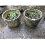Pair of Circular Concrete Garden Planters - Barrel Form