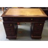 Edwardian Oak Twin Pedestal Nine Drawer Desk with Tooled Leather Insert to Top