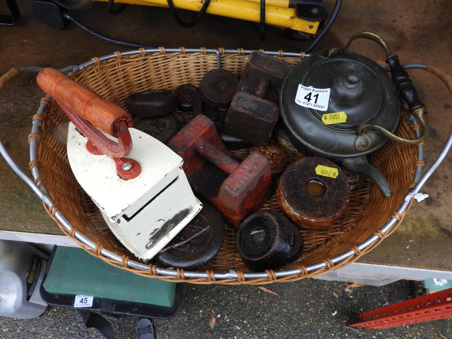 Basket and Contents - Old Weights etc