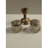 2x Silver Dressing Table Pots and Dwarf Candlestick
