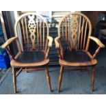 Pair of Wheel Back Pine Carver Chairs