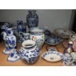 Quantity of China - Blue and White Vases, Candlesticks etc