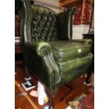 Green Leather Button Back Studded Armchair