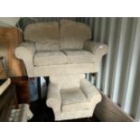 Upholstered Two Seater Settee on Castor Feet with Matching Armchair