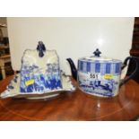 Blue and White Teapot and Cheese Dish