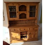 Stripped Pine Glazed Dresser with Shelved Interior - Two Cupboard, Three Drawers and Wine Rack