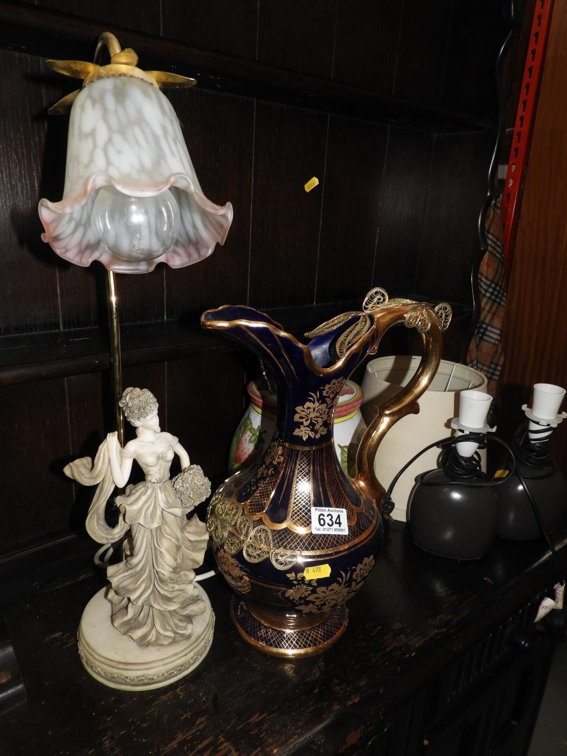 Large Ornate Jug, Figurine Lamp and Biscuit Barrel etc