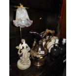 Large Ornate Jug, Figurine Lamp and Biscuit Barrel etc