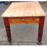 Pine Kitchen Table in Turned Legs with Single Drawer