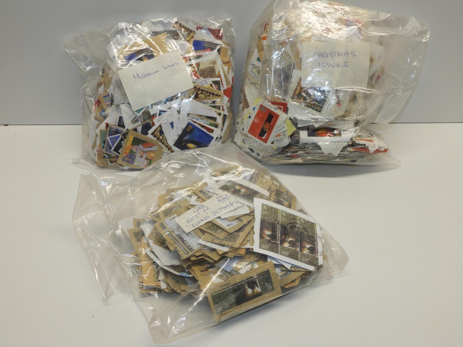 GB Stamps - 3x Bags on Paper - 1x Bag of Christmas Issues, 1x Bag of Millennium Issues and 1x Bag of