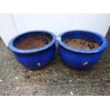 Pair of Blue Glazed Garden Planters