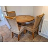 Light Oak Pedestal Table and 3x Matching Rattan Chairs