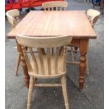Pine Kitchen Table on Turned Legs and Set of 4x Slat Back Chairs