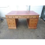 Victorian Pine Partners Desk with Leather Inset - Nine Drawers to One Side, Two Cupboards to other -