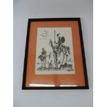 Framed Pablo Picasso Print on Textured Paper - Don Quixote and Sancho Panza 10/3/55 - Label to Verso