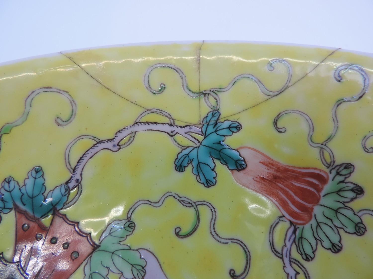 Chinese Charger - Hand Painted Butterflies on Yellow Ground - Repair to Rim - 34cm Diameter - Image 5 of 5