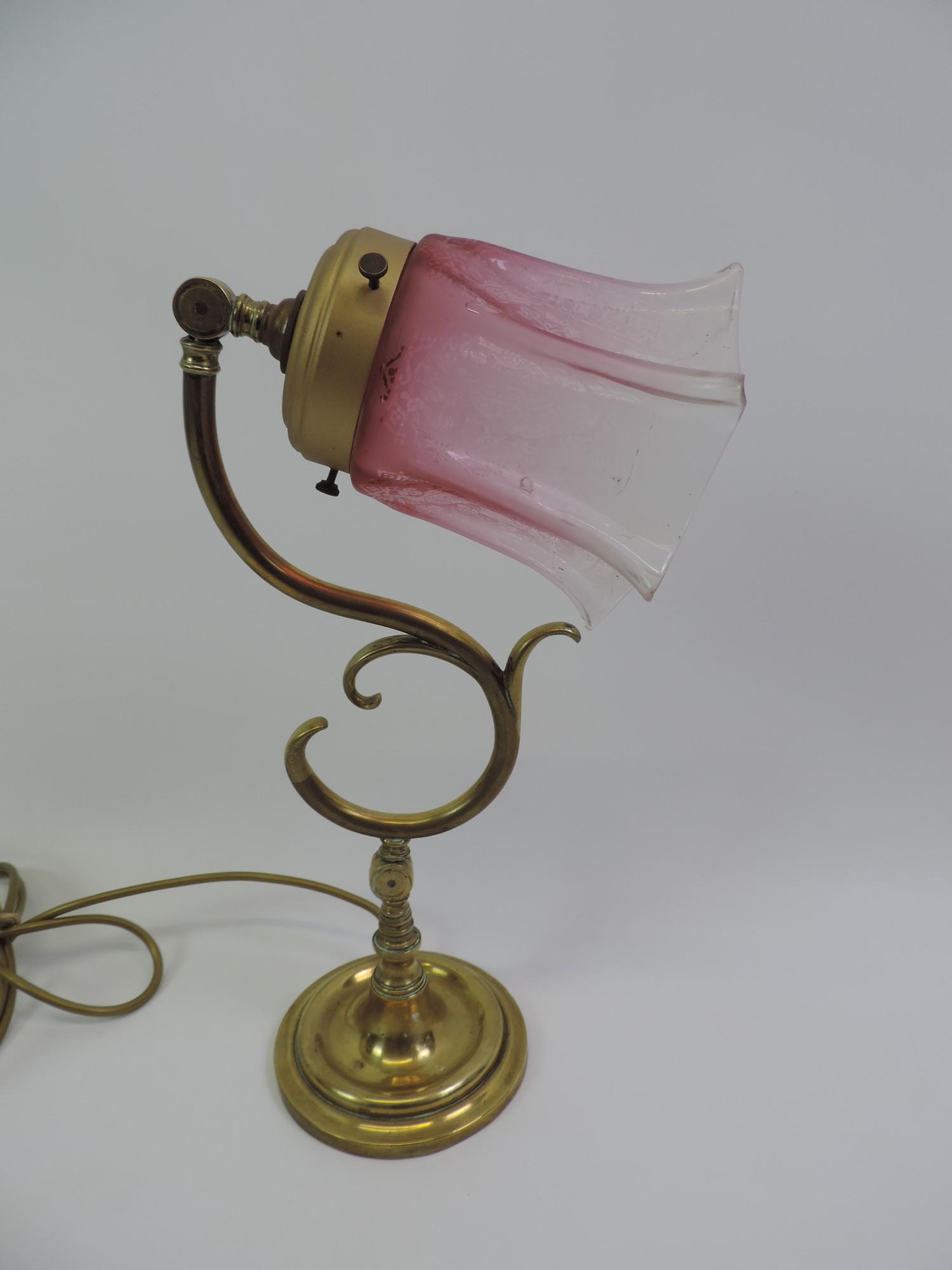 Converted Brass Lamp with Etched Glass Shade - 40cm High