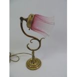 Converted Brass Lamp with Etched Glass Shade - 40cm High