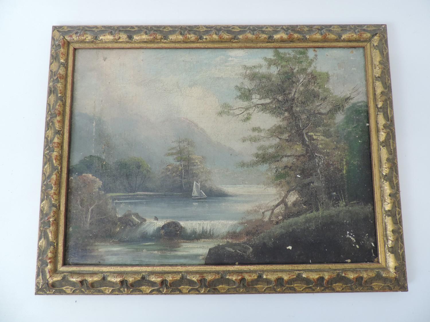 Gilt Framed Oil on Canvas - River Scene - Visible Picture 34cm x 25cm