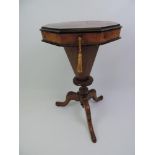 Victorian Trumpet Work Box with Chessboard Top and Fitted Interior - 73cm High