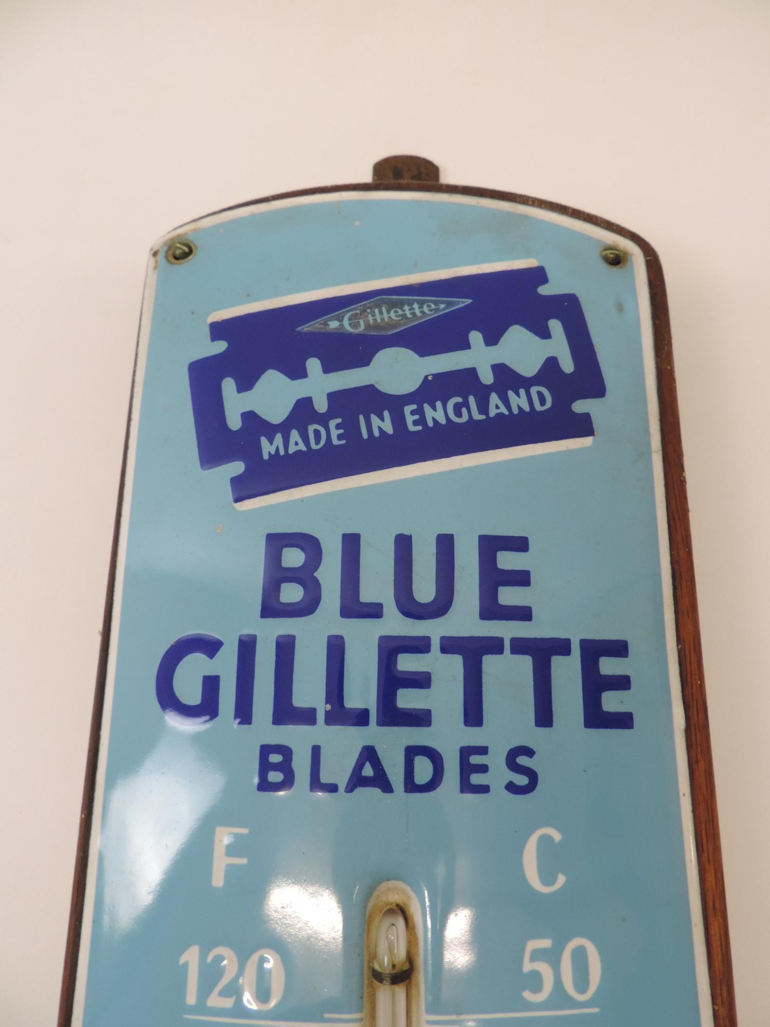 Enamel Sign Thermometer/Barometer Blue Gillette Blades - Originally from a Barber's Shop - 64cm x - Image 2 of 6