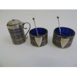 Silver Filigree Cruet Set - 2x Salts and Mustard with Blue Glass Liners