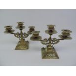 Pair of Victorian Heavy Brass Three Branch Candelabras - 20cm High