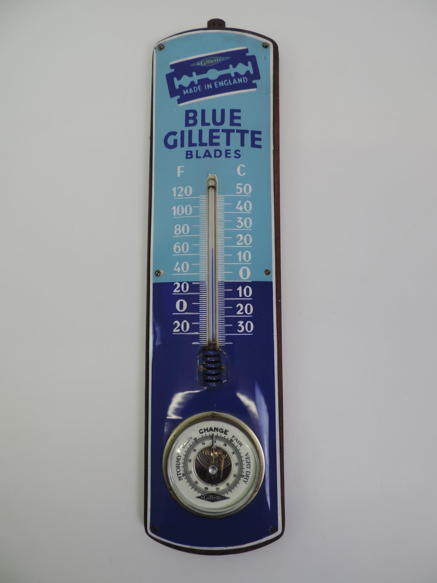 Enamel Sign Thermometer/Barometer Blue Gillette Blades - Originally from a Barber's Shop - 64cm x