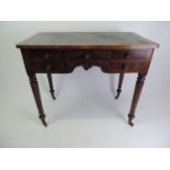 Late Victorian Ladies Three Drawer Writing Desk with Tooled Leather Insert on Brass Castors - 91cm
