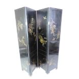 Four Panel Chinese Screen with Hand Painted Scenes to One Side Mother of Pearl Inlaid Decoration