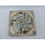 Hand Painted Glazed Tile in White Metal Mount