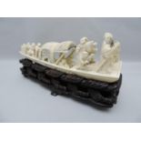 Carved Ivory Sampan on Treen Stand - 15cm Long